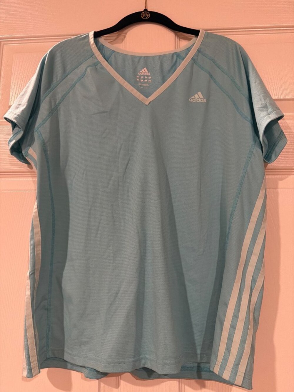 Adidas Womens XL Light Blue Athletic V-Neck Shirt With Stripes Polyester & Spand